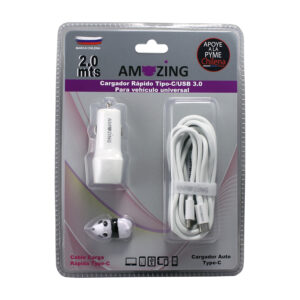 Cargador Rápido para vehículo Tipo-C/USB 3.0 + cable de carga rápida Tipo C a C