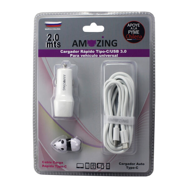 Cargador Rápido para vehículo Tipo-C/USB 3.0 + cable de carga rápida Tipo C a C - Imagen 2