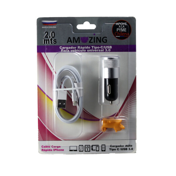 Cargador para vehículo Tipo-C/USB 3.0 + cable de carga USB a IPhone